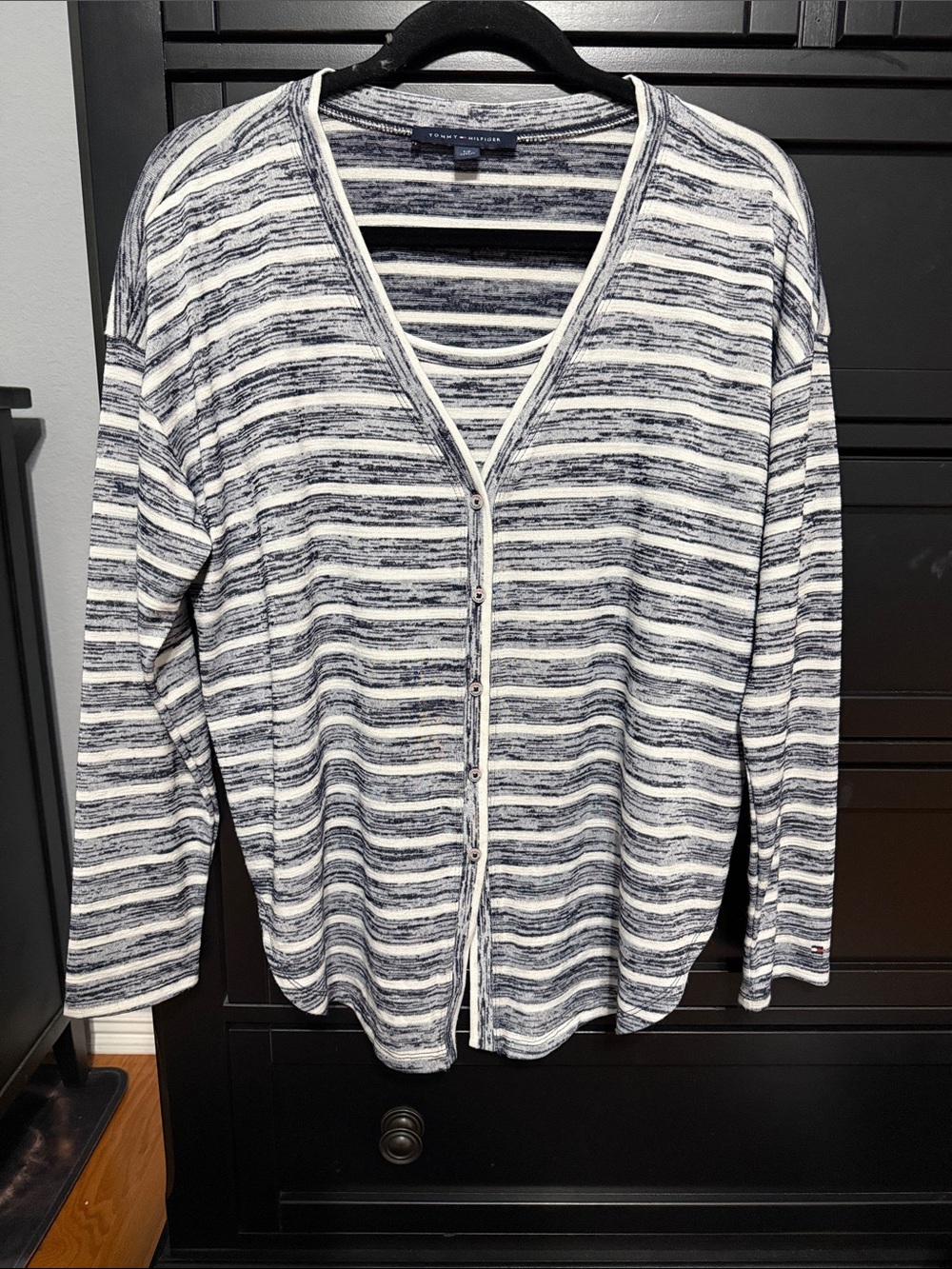 Tommy Hilfiger Navy and White Striped Knit Shirt
